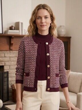 Ann Taylor Burgundy Patterned Knit Cardigan